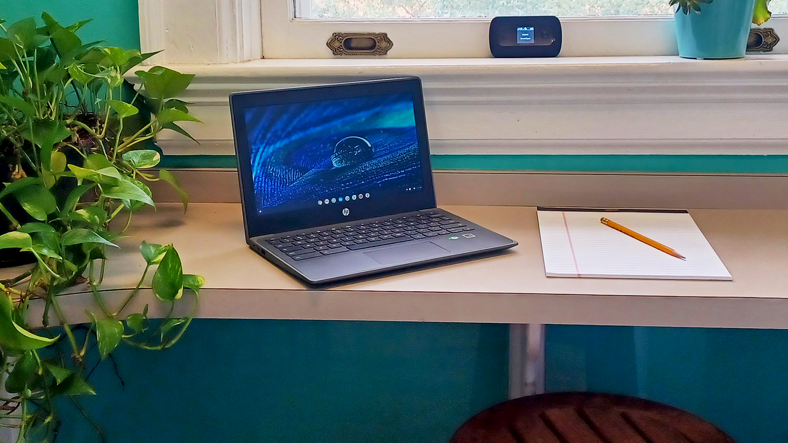 open Chromebook on desk