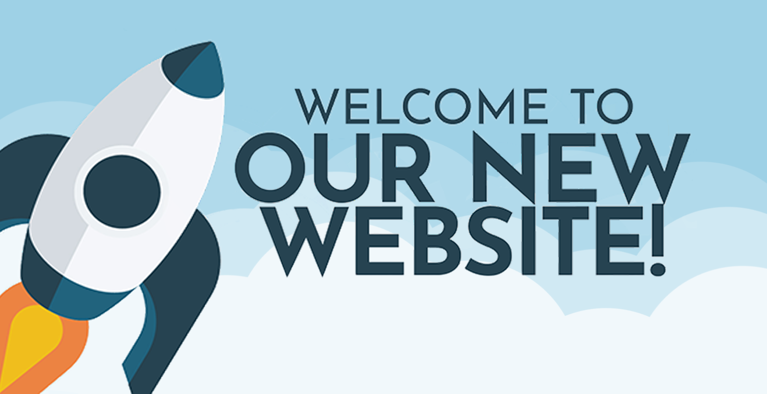 "Welcome to Our New Website" graphic with launching rockets on cloudy background